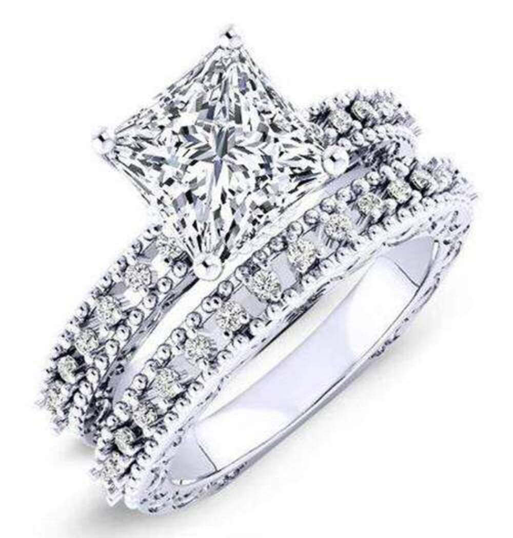 White Gold Princess Cut Moissanite Engraved Bridal Ring Set