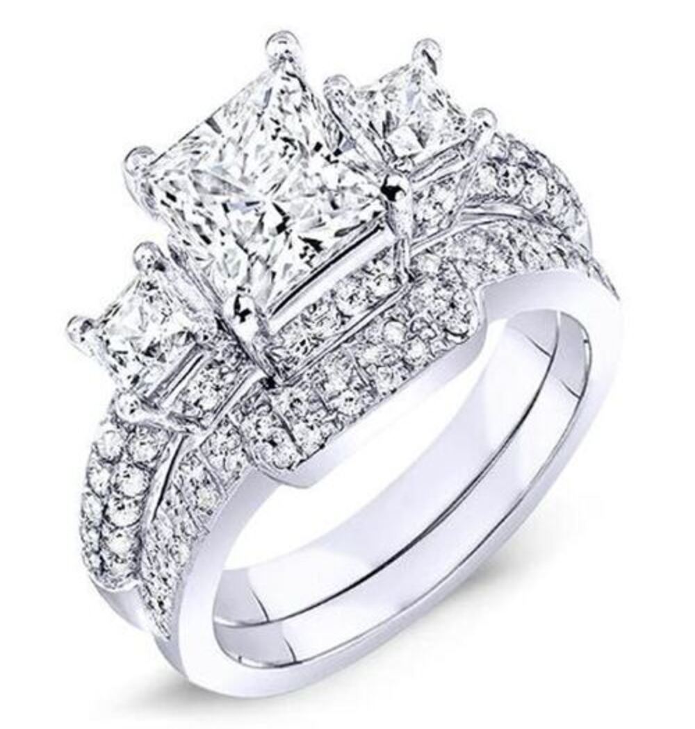 Princess Cut Moissanite Three Stone Wedding Ring Set