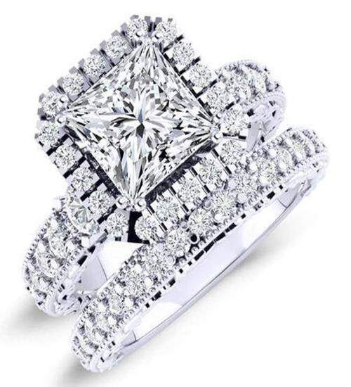 D Color Princess Cut Moissanite Engraved Halo Bridal Ring Set